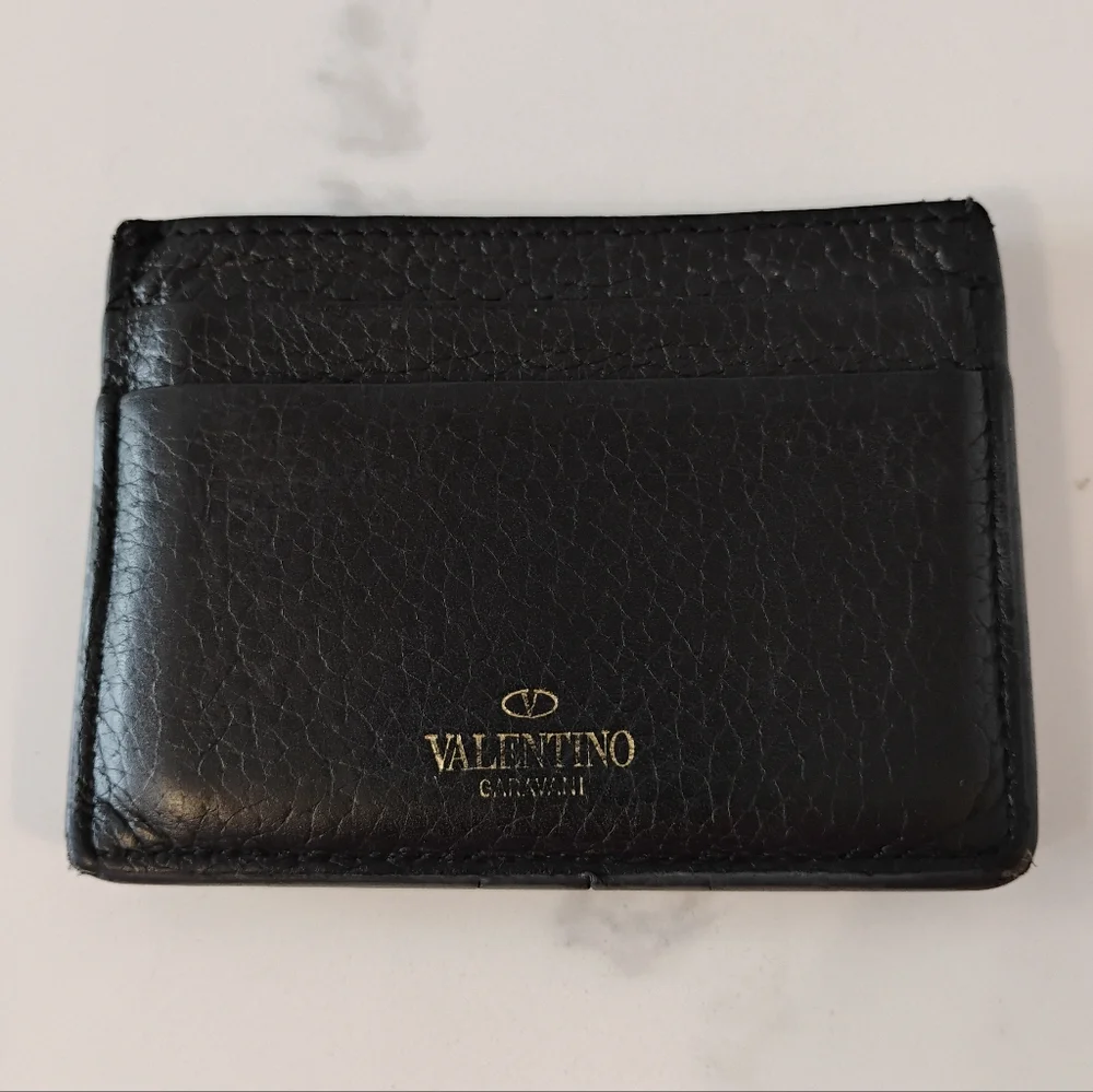Valentino Garavani Card Holder - Black Studded Pebbled Leather - Picture 5 of 14